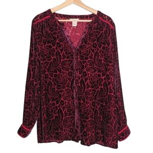 Sundance Silk Blend Velvet Burnout Burgundy Red Button Down Medium Fairy Grunge